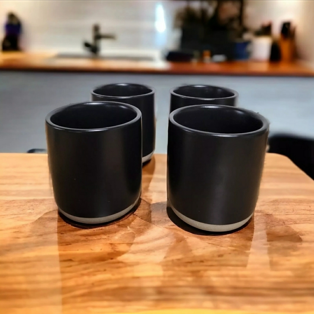 Set Of 4 Modern B-Grade Black Stoneware Mugs Glasses (No Handles) Open Box